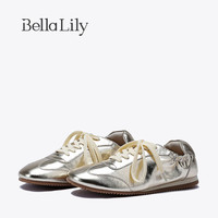 Bella Lily2024夏季小众牛皮德训鞋女低帮休闲鞋减龄平底鞋子 金色 35