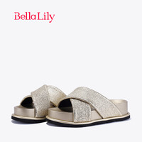 Bella Lily2024夏季新款金色羊皮拖鞋女外穿沙滩凉拖增高厚底鞋子 金色 35