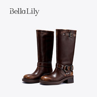 Bella Lily2024气质牛皮骑士靴女复古高筒靴增高厚底机车靴子 棕褐色 35