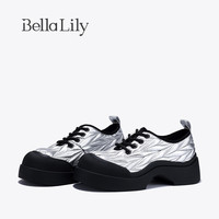 Bella Lily2024夏季银色羊皮丑萌鞋女褶皱松糕鞋增高休闲鞋子 银色 35