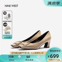NINE WEST/玖熙牛漆皮革女单鞋优雅方头浅口粗跟通勤鞋NH208005FK