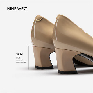 NINE WEST/玖熙牛漆皮革女单鞋优雅方头浅口粗跟通勤鞋NH208005FK