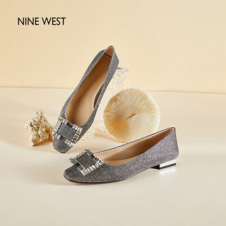 NINE WEST/玖熙单鞋舒适平底方头浅口闪钻一脚蹬懒人鞋NH207018GK枪色 37