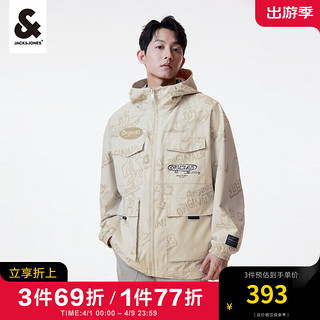 杰克·琼斯（JACK&JONES）男装户外工装外套男春夏上衣宽松满印连帽休闲夹克男生高档衣服 卡其色C63 195/112A/XXXL