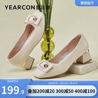 意尔康女鞋 中跟方头浅口单鞋女2023春季新款牛皮船鞋休闲OL工作皮鞋女