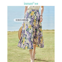 茵曼（INMAN）田园复古压褶碎花显瘦遮胯开叉半身裙女夏18322|305 罗兰紫 M