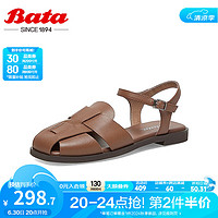 拔佳（Bata）包头凉鞋女春夏季平底牛皮镂空复古百搭罗马鞋93511AH 棕色 34