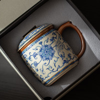 兮元记米黄汝窑青花茶杯陶瓷茶水分离过滤水杯满花描金珐琅彩马克杯杯子 繁花天福办公杯-不含底碟-礼盒装
