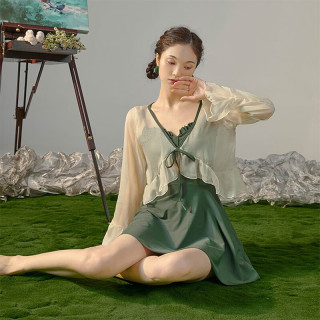 翊尚美泳衣女保守显瘦遮肚学生长袖防晒罩衫连体套装夏季平角裙式游泳衣