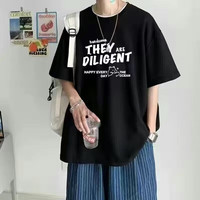 尔听短袖T恤男2024夏季ins潮牌美式高街男生半袖宽松体恤纯棉衣服 黑色 5XL(200-230斤)