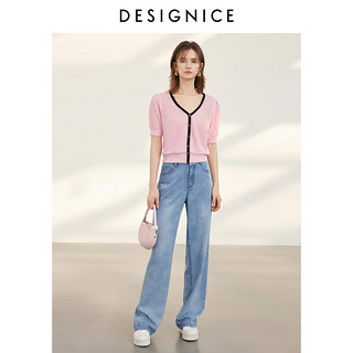 迪赛尼斯（DESIGNICE）2024年夏季优雅通勤风气质短袖开衫薄款毛针织衫女 粉色 XL