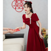 茗瑾萱酒红色小个子结婚敬酒服新娘夏季订婚裙法式高端晚礼服平时可穿女 酒红色中长款 XL