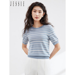 JESSIE气质圆领撞色条纹显瘦针织衫毛衣女23春夏 蓝色 S