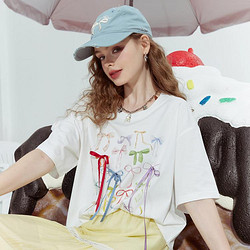 ELF SACK 妖精的口袋 2024年夏款蝴蝶结丝带印花设计短袖T恤女