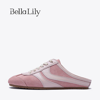 Bella Lily2024夏季外穿半包拖鞋女一脚蹬德训鞋牛皮平底鞋子 粉色 35