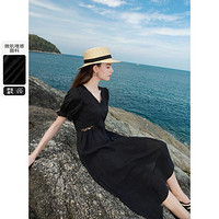 3COLOUR 三彩 设计感小黑裙镂空收腰A字裙法式气质优雅长裙