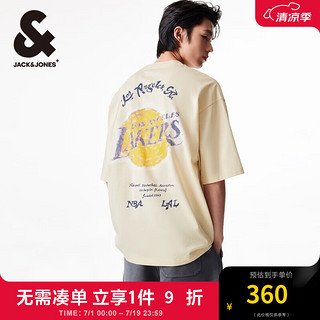 杰克·琼斯（JACK&JONES）夏季NBA联名湖人队oversized字母胶印运动短袖T恤男装224201356 A07 香草 185/104A/XL