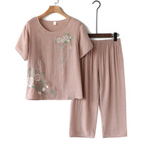 薇靡雅(WEIMIYA)棉麻套装中老年女装夏装奶奶短袖夏季两件套 (驼色) XL(100斤以内)