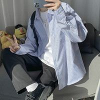 NEW OR MODE长袖衬衫男士宽松竖条纹休闲上衣外套潮牌cityboy港风日系衬衣