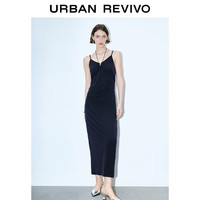 URBAN REVIVO 女士时尚气质V领褶皱挂脖吊带连衣裙 UWJ740029 宝蓝 XS