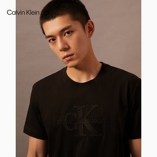 Calvin Klein Jeans24早秋男士休闲通勤ck纯棉刺绣字母打底短袖T恤J325916 BEH-太空黑 S