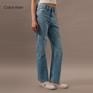 Calvin Klein Jeans24早秋女士复古潮流ck破洞洗水高腰直筒牛仔裤J223952 1AA-牛仔浅蓝 26