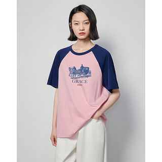 初语复古撞色短袖T恤女2024年夏季宽松纯棉上衣 宝蓝-粉色-马车字 M