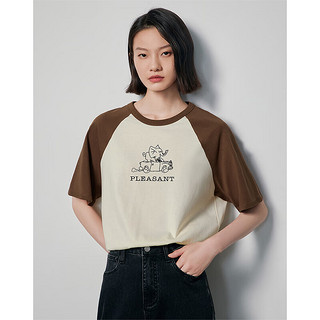 初语复古撞色短袖T恤女2024年夏季宽松纯棉上衣 咖啡-杏色-大象 M