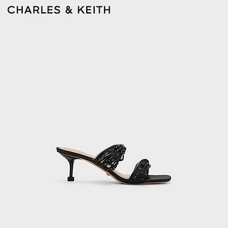 CHARLES&KEITH串珠一字方头高跟凉拖鞋女SL1-61900016 Black黑色 36