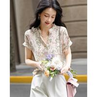 德玛纳 dme【75D加捻纱衬衫】夏季短袖条纹印花衬衣女装上衣