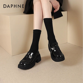 达芙妮（DAPHNE） 乐福鞋女2024英伦风女鞋厚底粗跟小皮鞋一脚蹬单鞋女 亮黑色【6cm高跟蝴蝶装饰款】 37