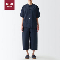 无印良品（MUJI）女式 无侧缝泡泡纱短袖睡衣家居服深藏青色 L