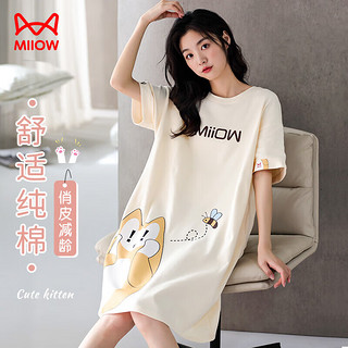猫人（MiiOW）【防螨抗菌纯棉】女士睡裙睡衣女可爱猫人印花家居服米色XL
