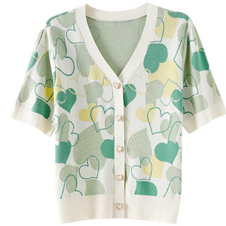欧莎（OSA）小清新爱心提花针织衫女夏季宽松显瘦薄款v领短袖上衣 黄绿色 XS