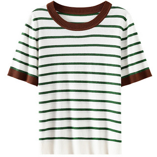欧莎（OSA）撞色条纹针织衫女夏季2024年轻薄透气正肩短袖T恤上衣 绿条纹 L