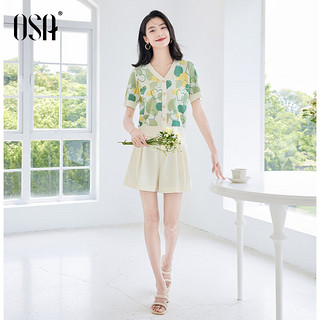 欧莎（OSA）小清新爱心提花针织衫女夏季宽松显瘦薄款v领短袖上衣 黄绿色 S