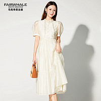 马克华菲 女装夏季新中式国风复古珍珠扣连衣裙女重工刺绣中长裙子 米色