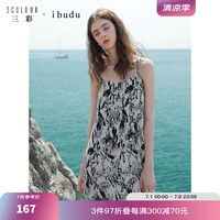三彩2024夏季新款雪纺压皱连衣裙无袖吊带裙花卉宽松长裙 黑白花卉 1