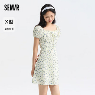 森马（Semir）连衣裙女泡泡袖碎花雪纺裙森系2024夏季方领收腰短裙109324114013 白色调00311 L