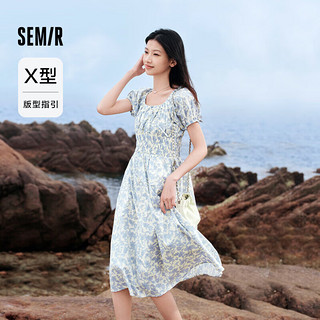 森马（Semir）连衣裙女温柔气质白月光2024夏季法式方领收腰中长裙107424114036 蓝色调00388