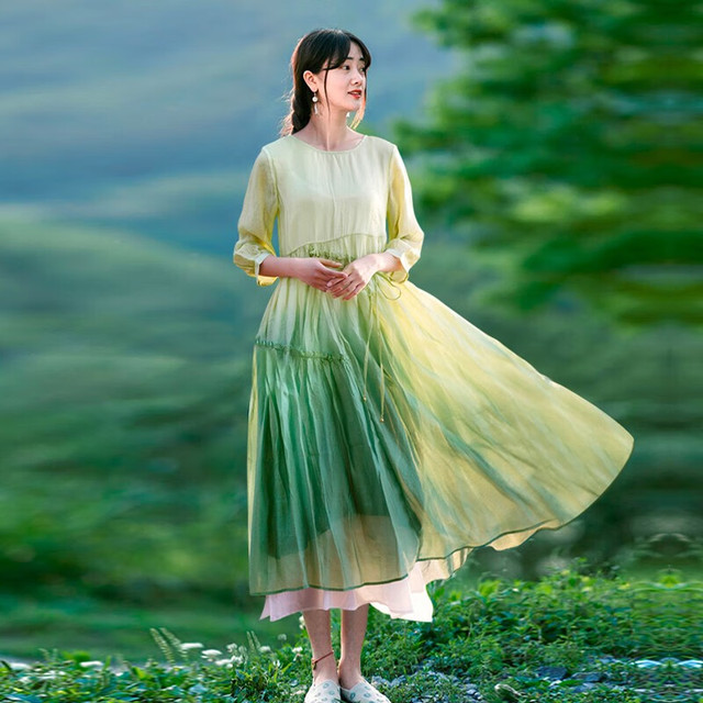 知筆墨 只此青绿植物染圆领桑蚕丝连衣裙 2022年夏文艺田园真丝宽松袍子 青绿 M