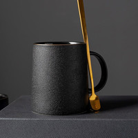 美杜 粗陶马克杯 带勺陶瓷杯带把水杯大容量茶杯咖啡杯创意办公杯 素雅马克杯【普通包装】