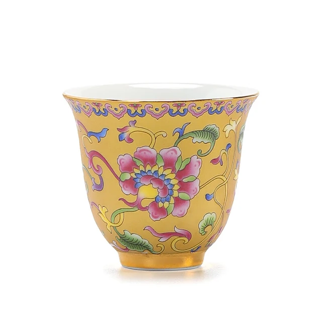 午间 国潮风陶瓷茶杯家用主人杯单杯小号珐琅彩品茗杯功夫茶具茶盏单个 锦绣东方 珐琅彩-撇口杯（琥珀黄）