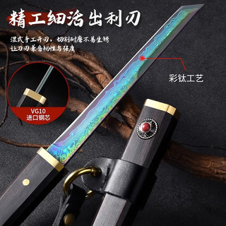 创木工房水果刀大马士革钢小刀家用削皮刀瓜果刀切肉牛排刀便携多功能刀 典藏款-彩钛大马士革小刀