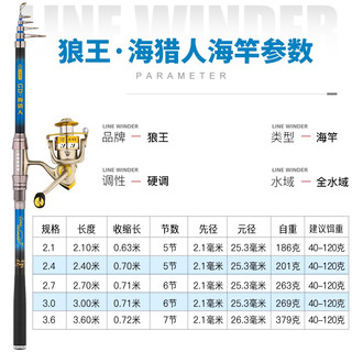 狼王 海竿抛竿套装超硬碳素远投竿海杆超轻单竿矶钓竿船钓竿抛杆甩竿 海猎人【发】2.4米单杆