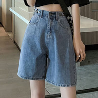 Halo Queen牛仔短裤女夏季高腰五分宽松显瘦直筒中裤 H134N2634 XL（110-120斤） 浅蓝色B