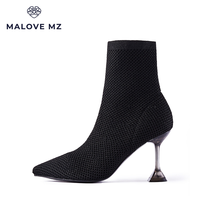 MALOVE MZ女鞋尖头细高跟网织镂空时装弹力靴时尚高跟鞋