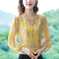 范哲狼(FANZELANG)真丝衬衫女九分袖碎花上衣季灯笼袖遮肚子小衫洋气 黄色 2XL 125-135斤