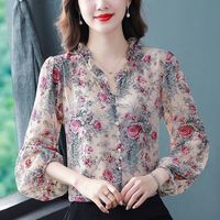 范哲狼(FANZELANG)真丝衬衫女九分袖碎花上衣季灯笼袖遮肚子小衫洋气 紫色 L 105-115斤