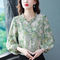 范哲狼(FANZELANG)真丝衬衫女九分袖碎花上衣季灯笼袖遮肚子小衫洋气 绿色 2XL 125-135斤